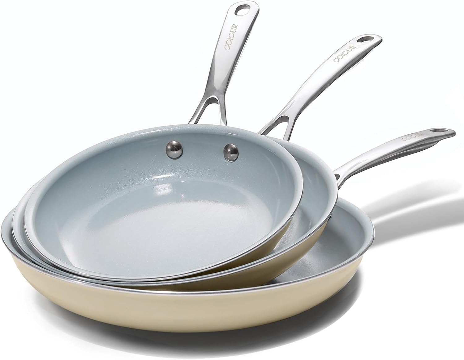 Nonstick Ceramic Frying Pans 8"9.5" 11" Ceramic Skillets Setwith Stainless Steel HandleOmelet Pans Healthy CookingChef Pans, PFOA Free, CreamWhite