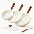 CAROTE Nonstick Frying PansSkillets, Ceramic CoatingNon-Stick Frying Pans Set, 5PCS, Non-toxic Healthy & PFOAFree, Induction Compatible,8+9.5+11 Inch with ColanderLid and Spatula, Cream White