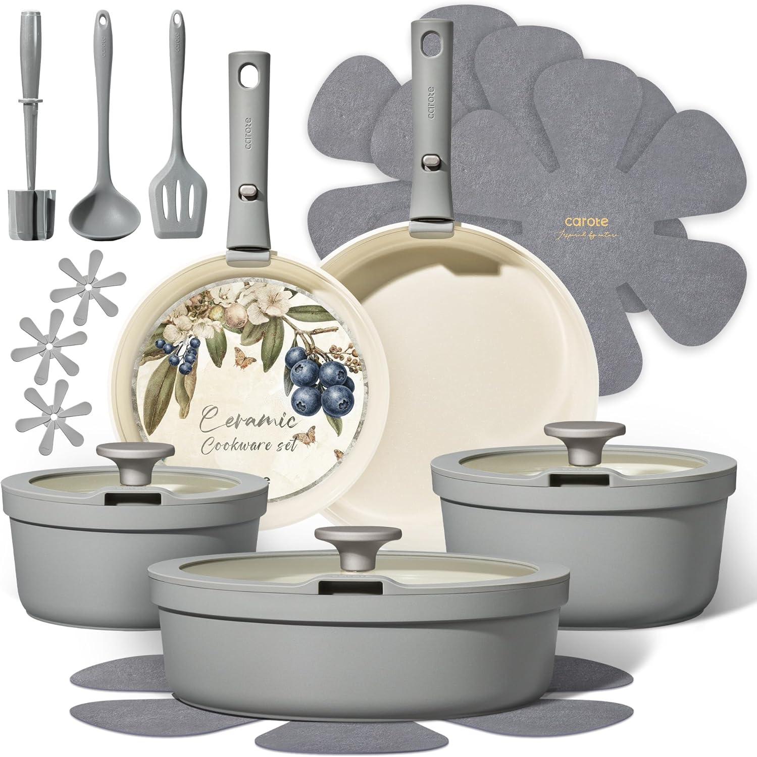 Carote 20pcs Ceramic CookwareSet with Detachable Handles,Pots and Pans Set Non Stick, RVKitchen Cooking Pot and Pan,Dishwasher Safe, Non-toxicInduction Cookware PFAS andPFOA Free, Grey