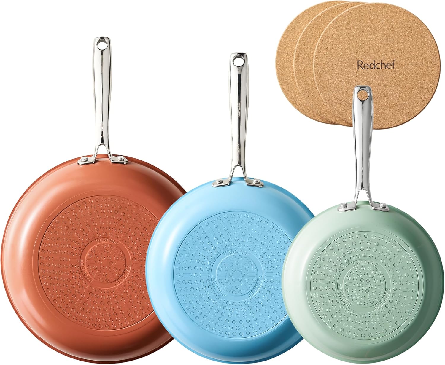 Redchef Colorful CeramicNonstick Frying Pan Set,Ceramic Pan Skillet, Non ToxicPans for Cooking, InductionCompatible with Stainless SteelHandles & 3 Cork Pads, PFAS &PTFE & PFOAFree（8+9.5+11"）